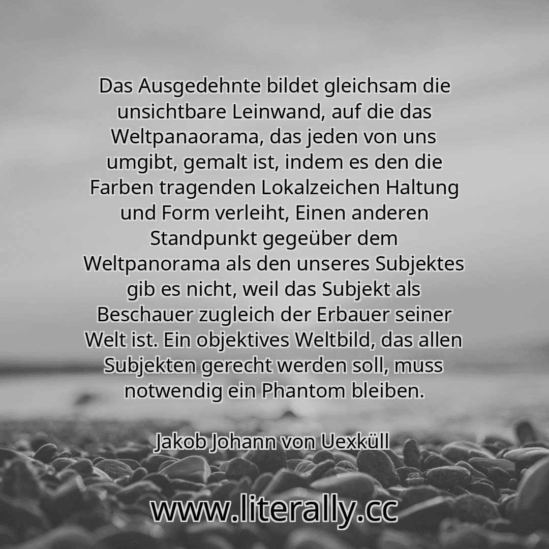 Das Ausgedehnte bildet gleichsam die unsichtbare Leinwand, auf die das Weltpanaorama, das jeden von uns umgibt, gemalt ist, indem es den die Farben tragenden Lokalzeichen Haltung und Form verleiht, Einen anderen Standpunkt gegeüber dem Weltpanorama als den unseres Subjektes gib es nicht, weil das Subjekt als Beschauer zugleich der Erbauer seiner Welt ist. Ein objektives Weltbild, das allen Subjekt... Das Ausgedehnte bildet gleichsam die unsichtbare Leinwand, auf die das Weltpanaorama, das jeden von uns umgibt, gemalt ist, indem es den die Farben tragenden Lokalzeichen Haltung und Form verleiht, Einen anderen Standpunkt gegeüber dem Weltpanorama als den unseres Subjektes gib es nicht, weil das Subjekt als Beschauer zugleich der Erbauer seiner Welt ist. Ein objektives Weltbild, das allen Subjekt...