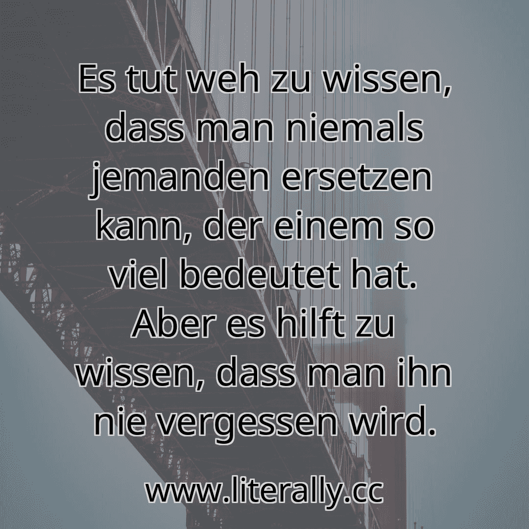 Es tut weh zu wissen, dass man niemals jemanden ersetzen kann, der einem so viel bedeutet hat. Aber es hilft zu wissen, dass man ihn nie vergessen wird.
