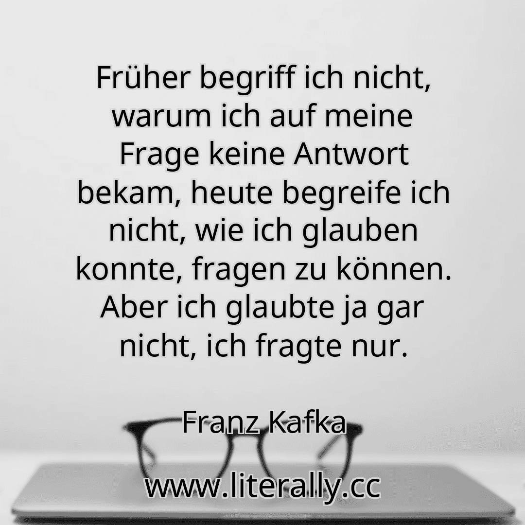 Früher begriff ich nicht, warum ich auf meine Frage keine Antwort bekam, heute begreife ich nicht, wie ich glauben konnte, fragen zu können. Aber ich glaubte ja gar nicht, ich fragte nur.
Franz Kafka
