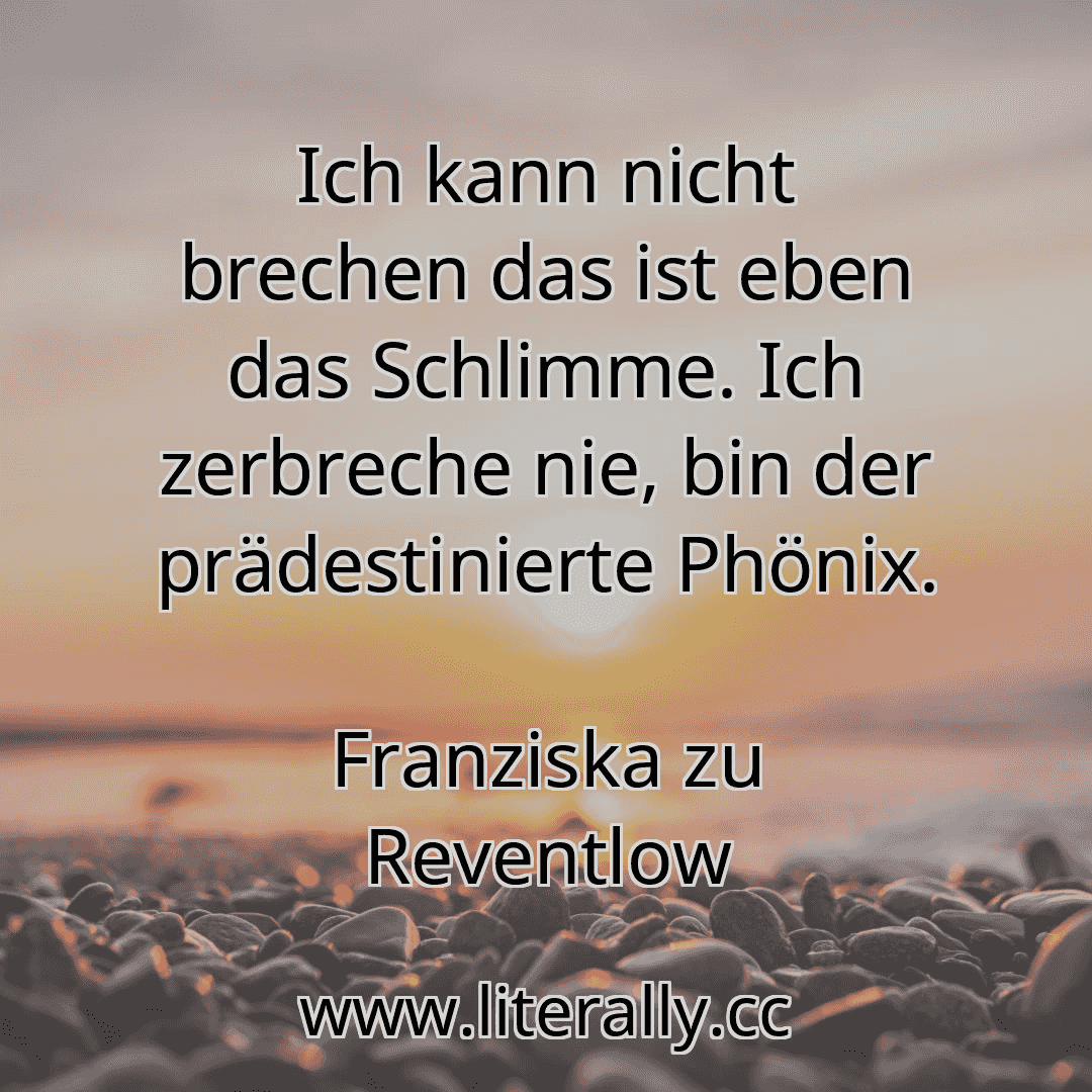 Ich kann nicht brechen das ist eben das Schlimme. Ich zerbreche nie, bin der prädestinierte Phönix.
Franziska zu Reventlow
