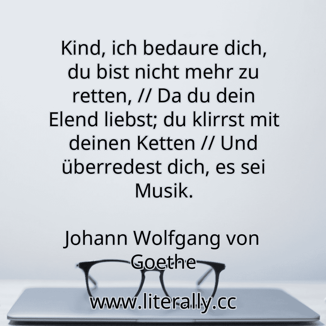 Kind, ich bedaure dich, du bist nicht mehr zu retten, // Da du dein Elend liebst; du klirrst mit deinen Ketten // Und überredest dich, es sei Musik.
Johann Wolfgang von Goethe
