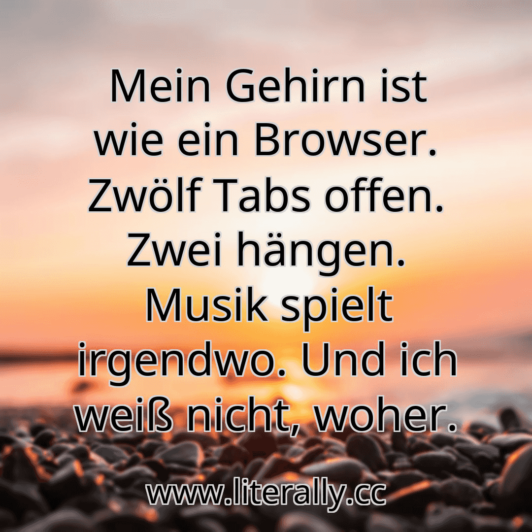 Mein Gehirn ist wie ein Browser. Zwölf Tabs offen. Zwei hängen. Musik spielt irgendwo. Und ich weiß nicht, woher.
