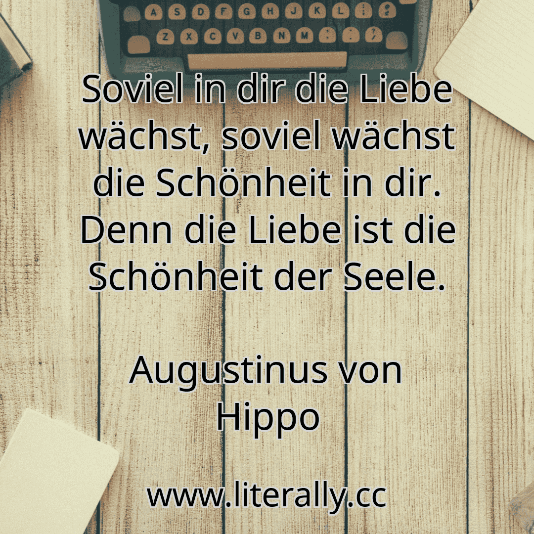 Soviel in dir die Liebe wächst, soviel wächst die Schönheit in dir. Denn die Liebe ist die Schönheit der Seele.
Augustinus von Hippo
