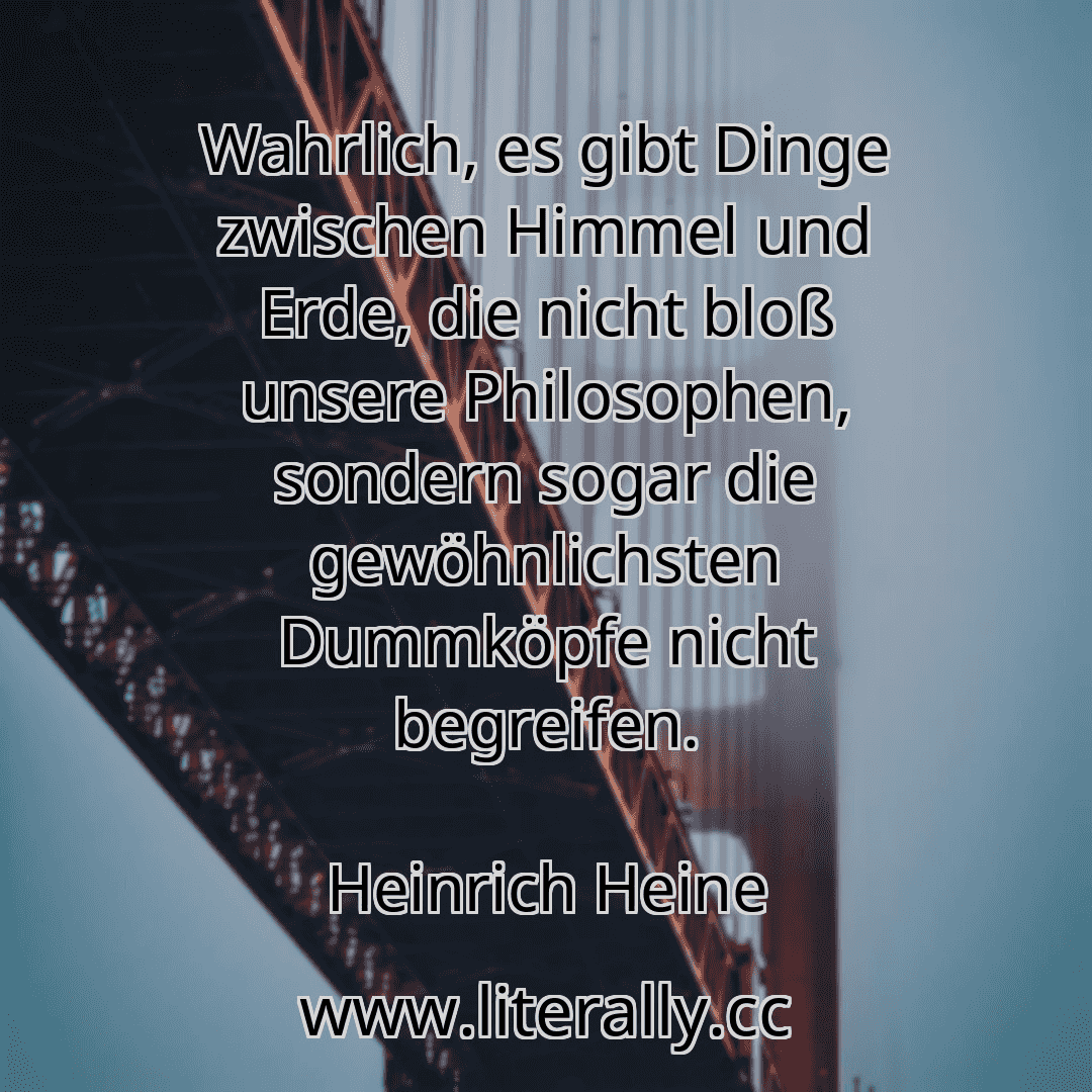 Wahrlich, es gibt Dinge zwischen Himmel und Erde, die nicht bloß unsere Philosophen, sondern sogar die gewöhnlichsten Dummköpfe nicht begreifen.
Heinrich Heine
