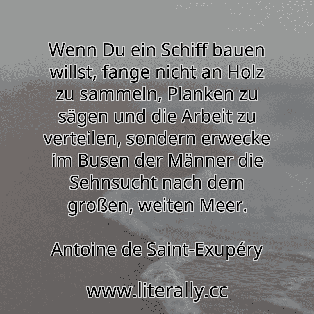 Wenn Du ein Schiff bauen willst, fange nicht an Holz zu sammeln, Planken zu sägen und die Arbeit zu verteilen, sondern erwecke im Busen der Männer die Sehnsucht nach dem großen, weiten Meer.
Antoine de Saint-Exupéry
