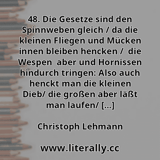 48. Die Gesetze sind den Spinnweben gleich / da die kleinen Fliegen und Mücken innen bleiben hencken /  die Wespen  aber und Hornissen hindurch tringen: Also auch henckt man die kleinen Dieb/ die großen aber läßt man laufen/ [...]
Christoph Lehmann
