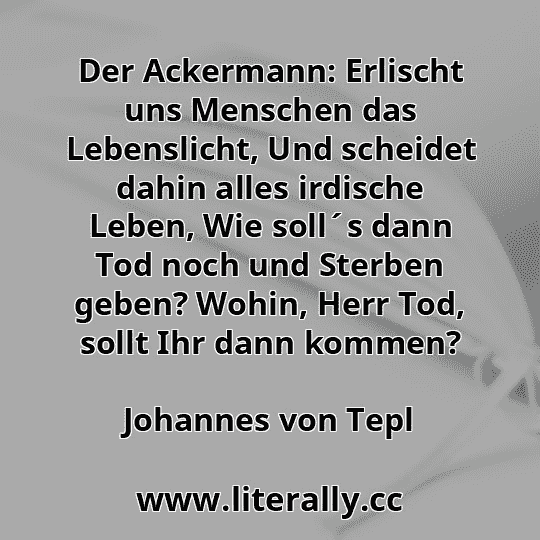 Der Ackermann: Erlischt uns Menschen das Lebenslicht, Und scheidet dahin alles irdische Leben, Wie soll´s dann Tod noch und Sterben geben? Wohin, Herr Tod, sollt Ihr dann kommen?
Johannes von Tepl
