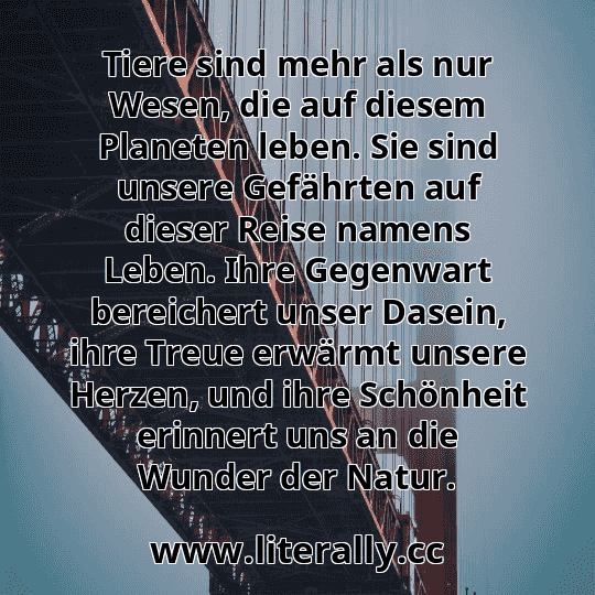 Tiere sind mehr als nur Wesen, die auf diesem Planeten leben. Sie sind unsere Gefährten auf dieser Reise namens Leben. Ihre Gegenwart bereichert unser Dasein, ihre Treue erwärmt unsere Herzen, und ihre Schönheit erinnert uns an die Wunder der Natur.
