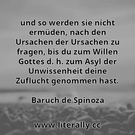 und so werden sie nicht ermüden, nach den Ursachen der Ursachen zu fragen, bis du zum Willen Gottes d. h. zum Asyl der Unwissenheit deine Zuflucht genommen hast.
Baruch de Spinoza
